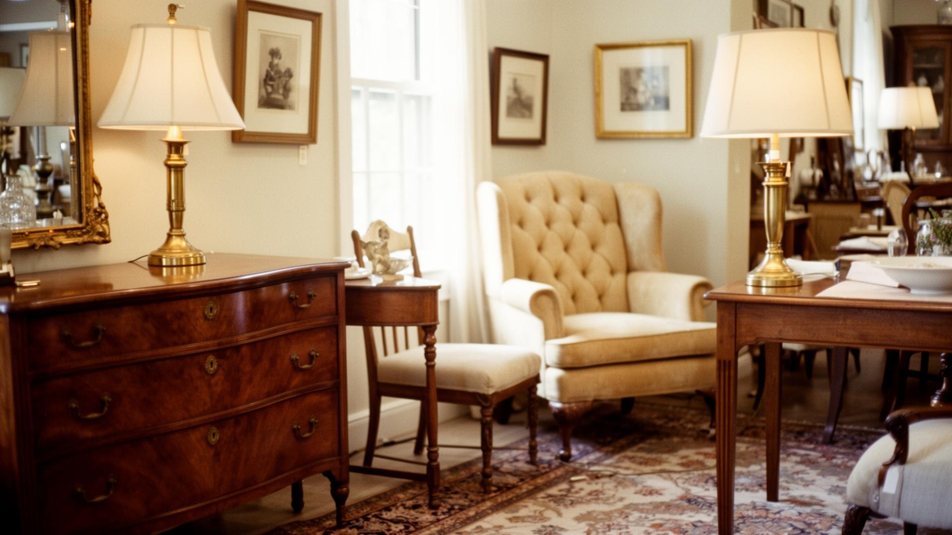 A curated vignette of vintage furniture in the J&B showroom